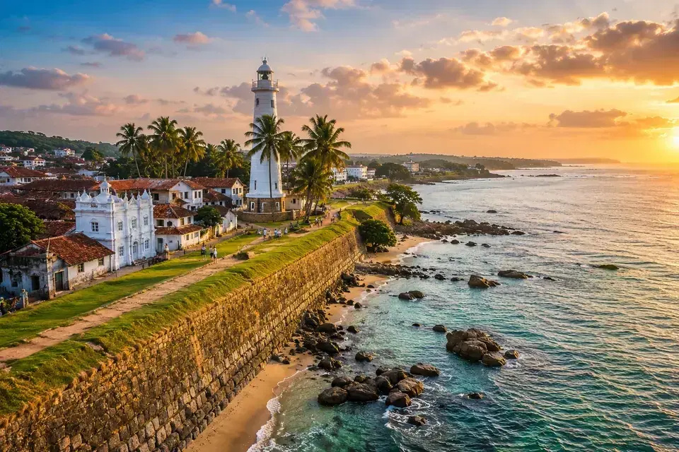 Sunset light on the ramparts and lighthouse of Galle Fort