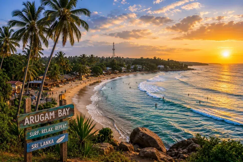 Surfers in the water at Arugam Bay, Sri Lanka