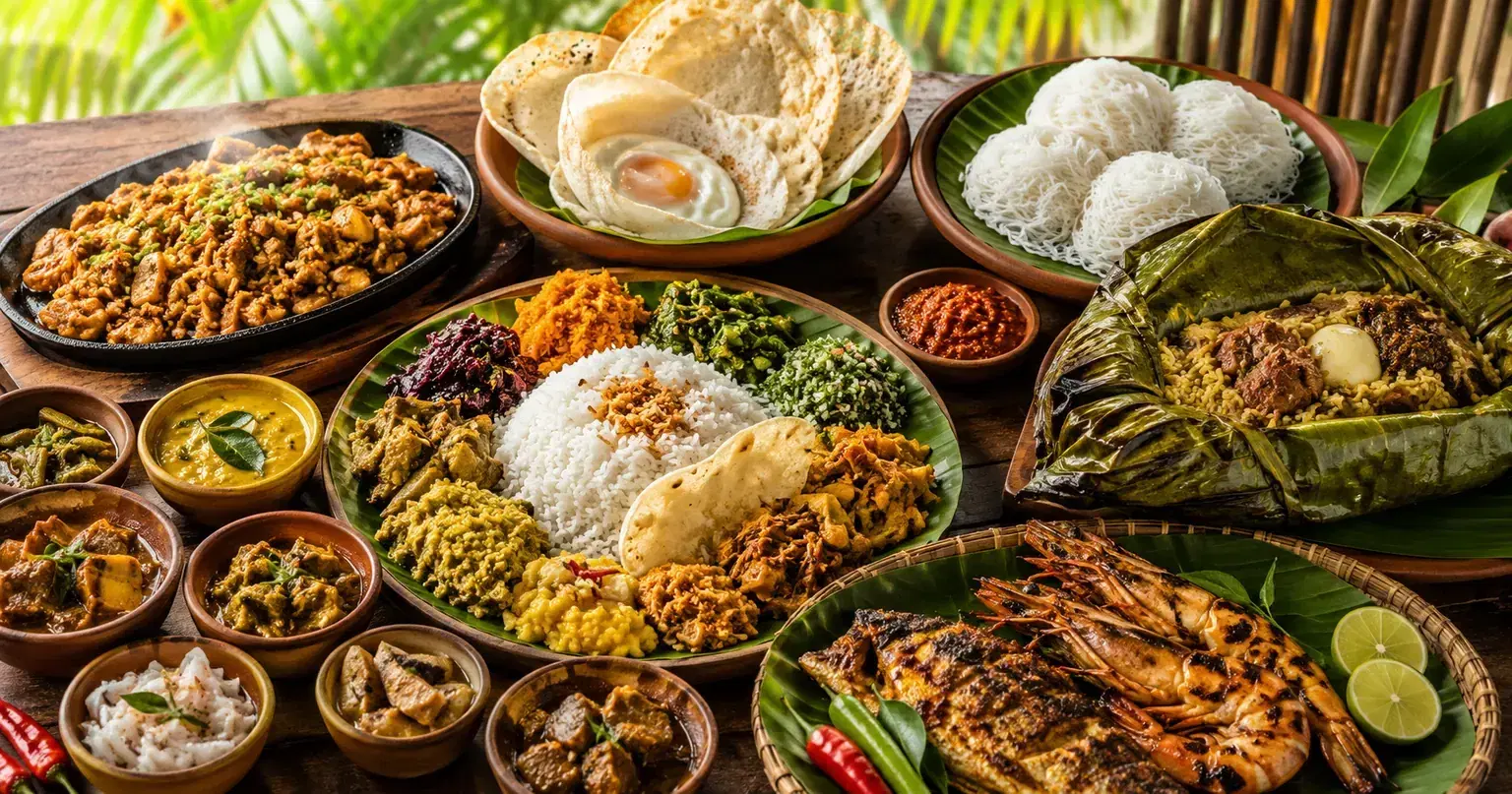 Traditional Sri Lankan rice and curry spread